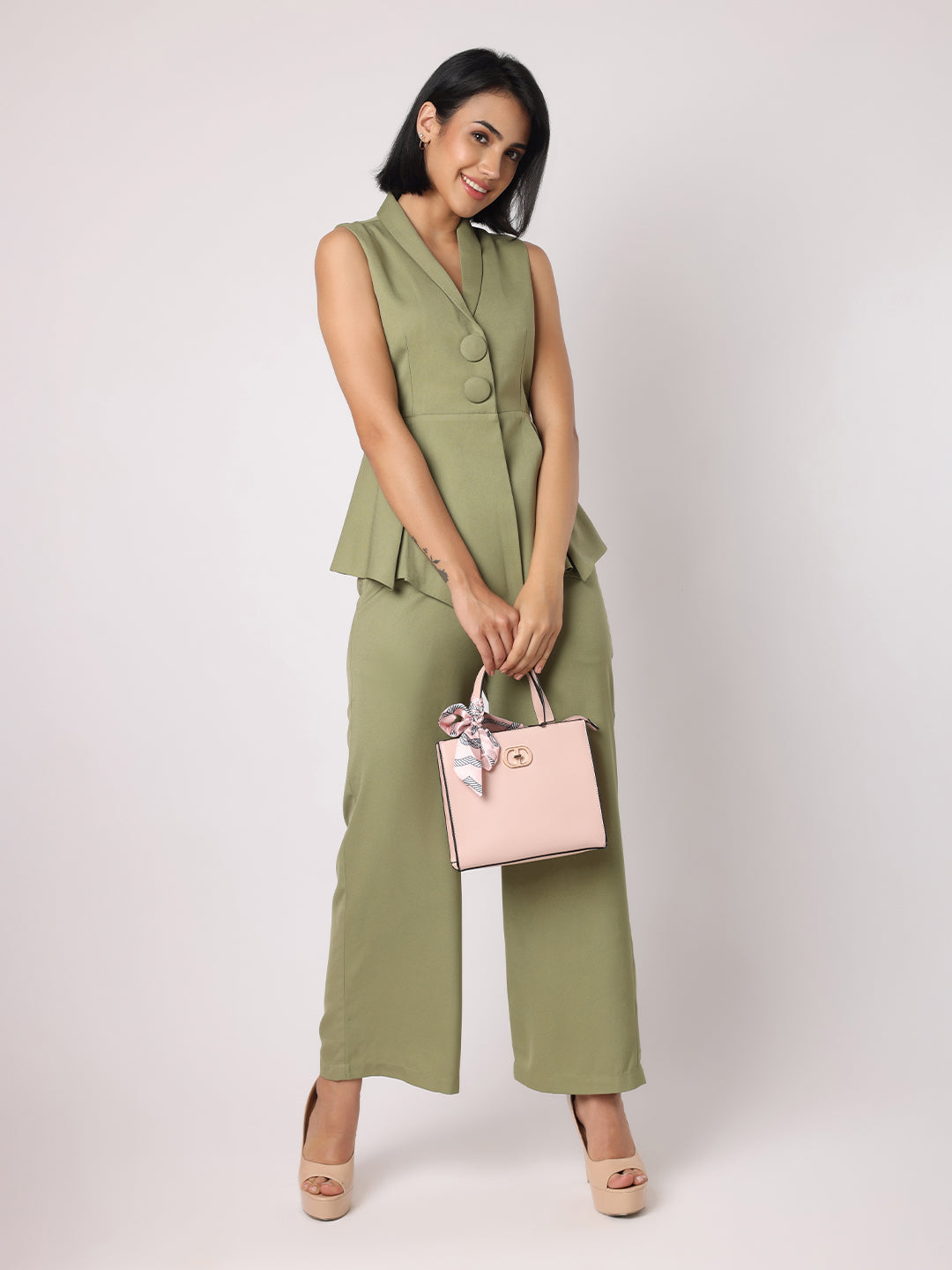 Blanc9 Women Green Blazer Top With Asymmetric Hem Co-Ordinated With Trousers
