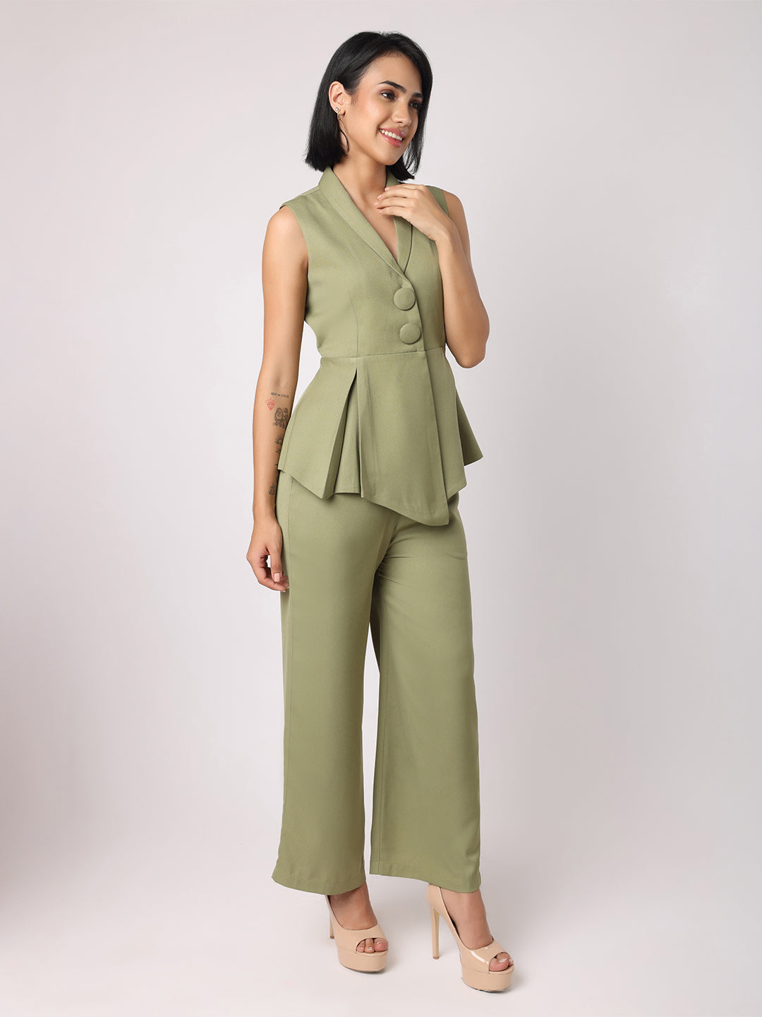 Blanc9 Women Green Blazer Top With Asymmetric Hem Co-Ordinated With Trousers
