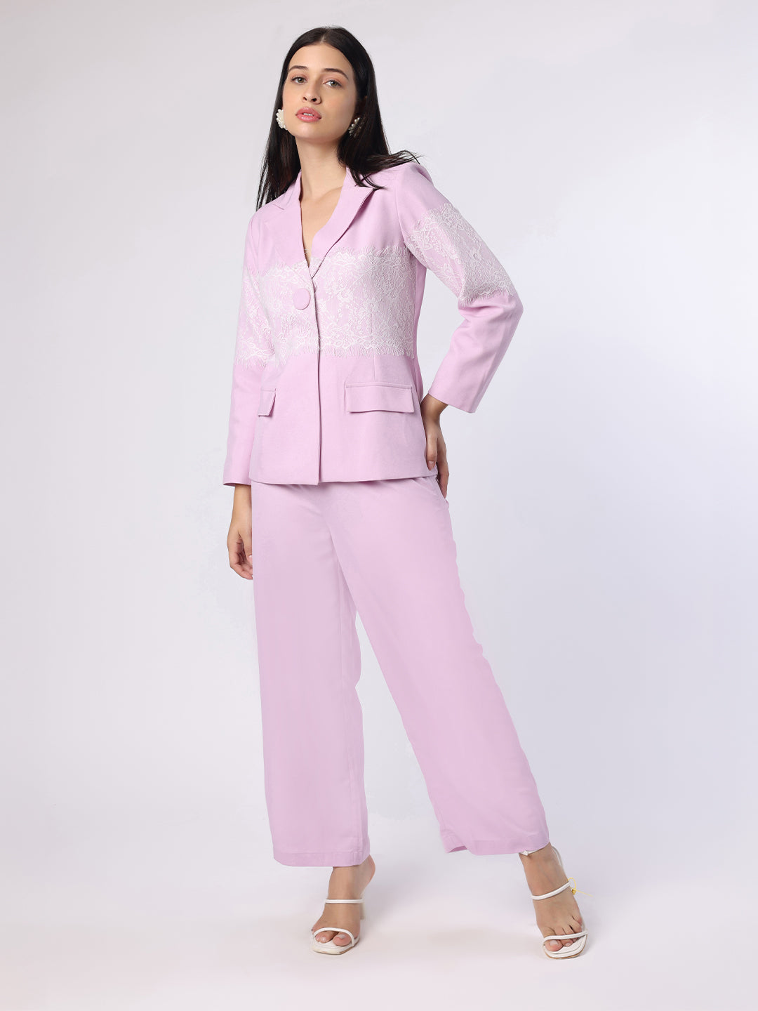 Blanc9 Women Lilac Lace Patch Blazer Trouser Set
