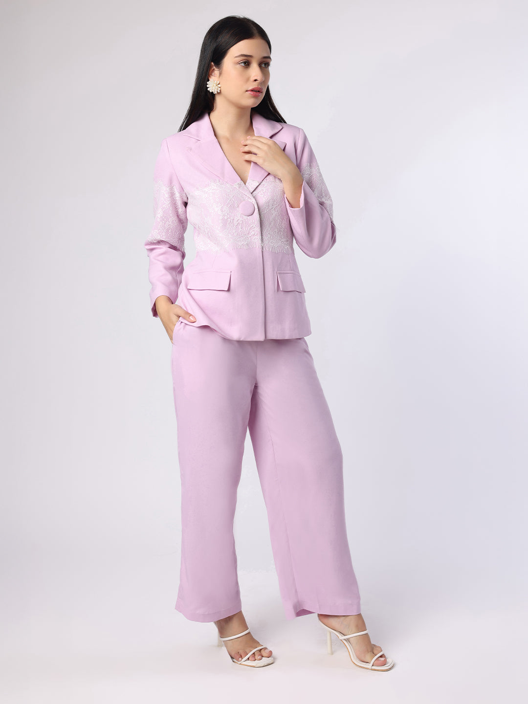 Blanc9 Women Lilac Lace Patch Blazer Trouser Set