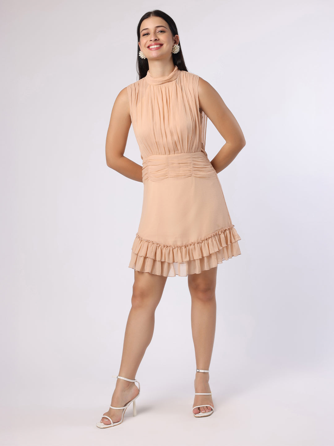 Blanc9 Women Nude Peach Ruched Short Dress
