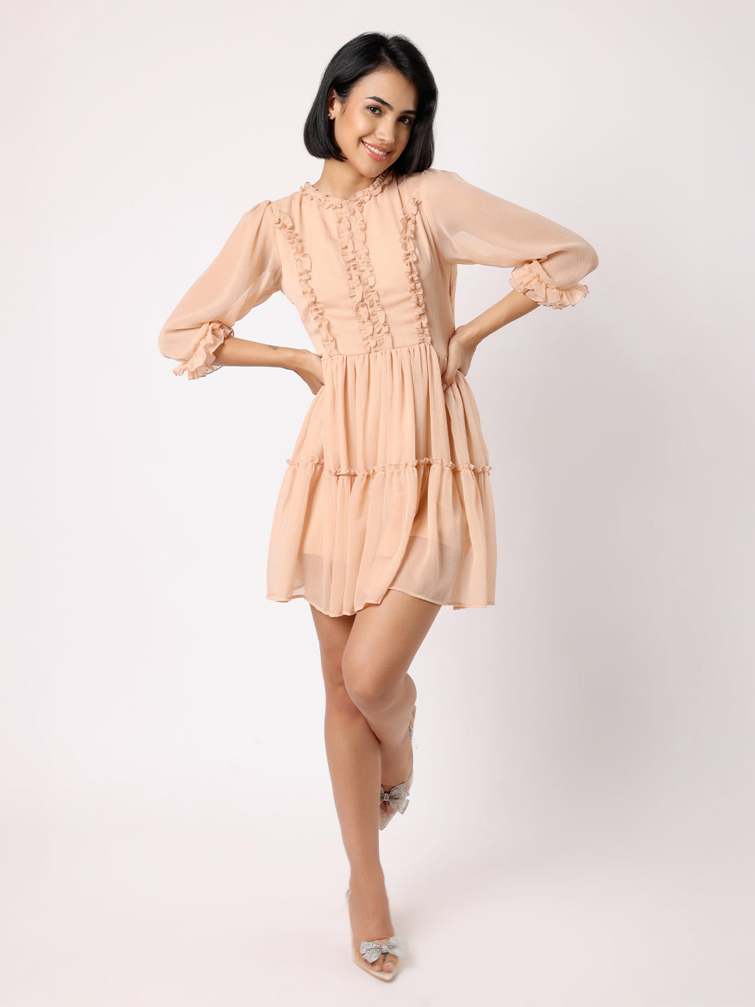 Blanc9  Women Nude Peach Tiered Dress With Front Frill Detail
