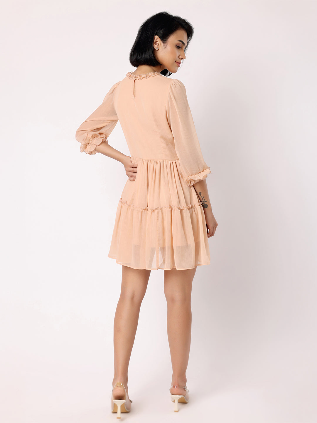 Blanc9  Women Nude Peach Tiered Dress With Front Frill Detail
