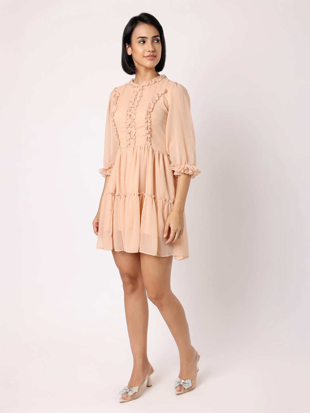 Blanc9  Women Nude Peach Tiered Dress With Front Frill Detail
