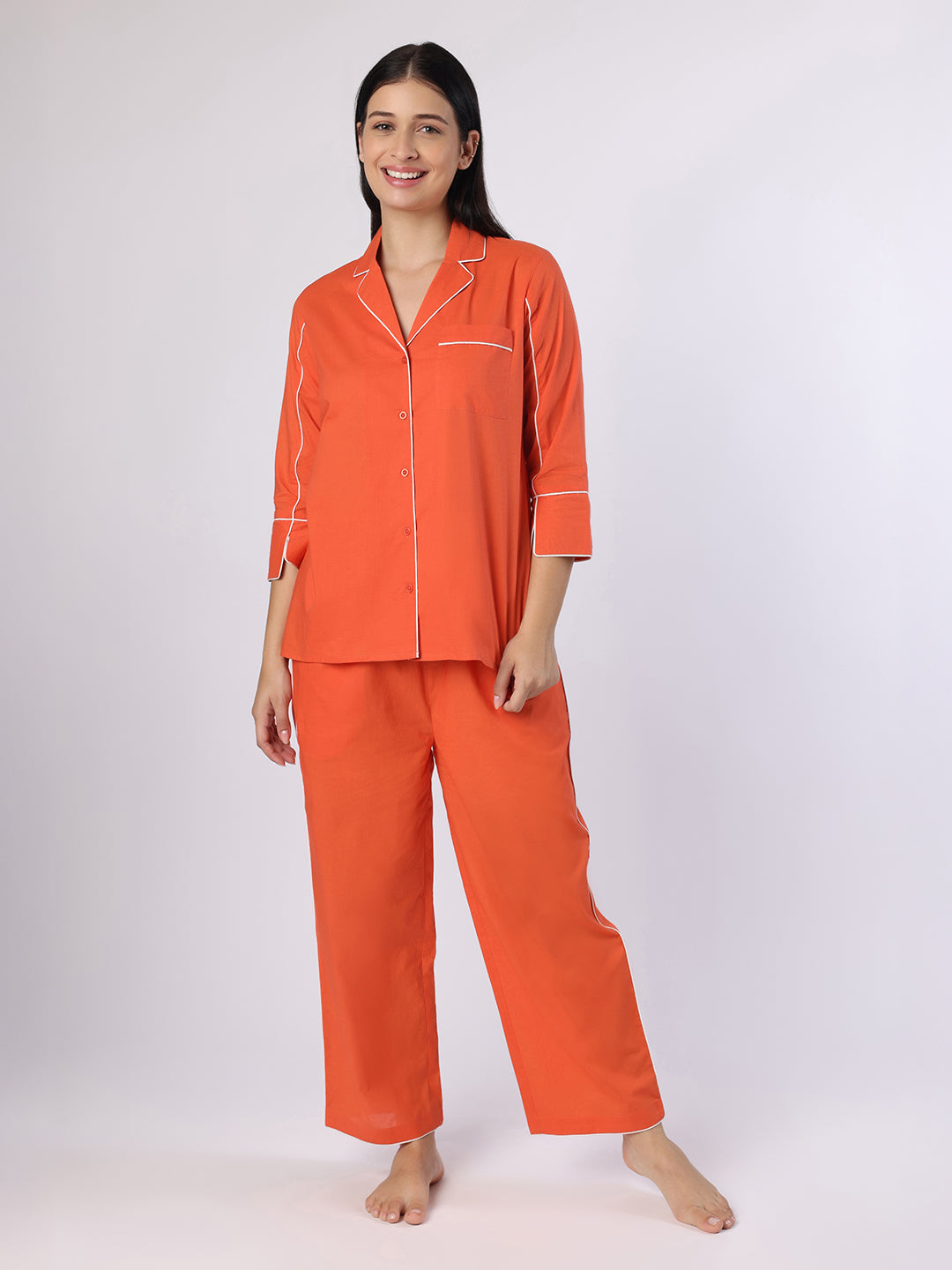 Orange Nightwear With White Piping Detail