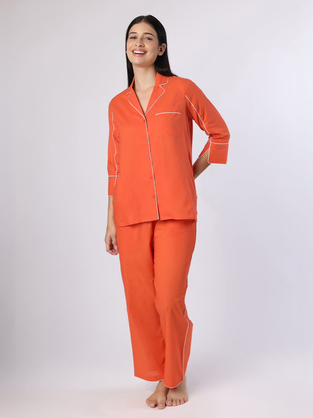 Orange Nightwear With White Piping Detail