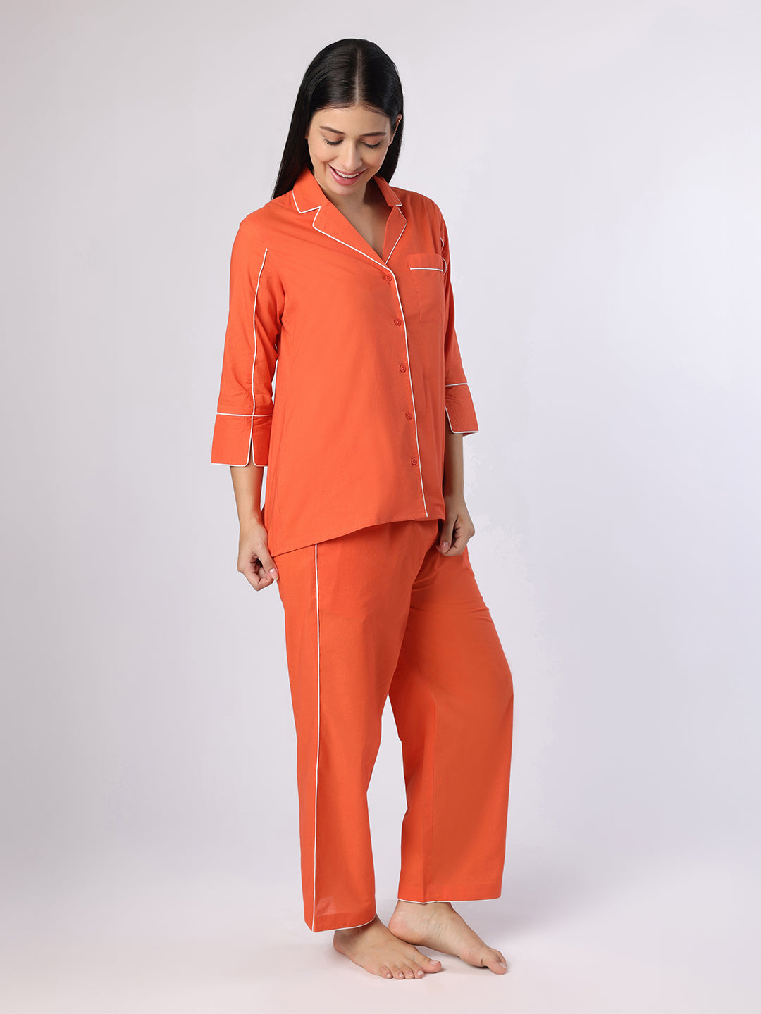 Orange Nightwear With White Piping Detail