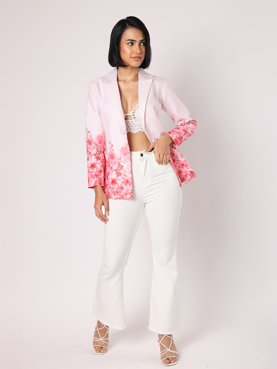 Blanc9  Women Pink Blazer With Floral Border 