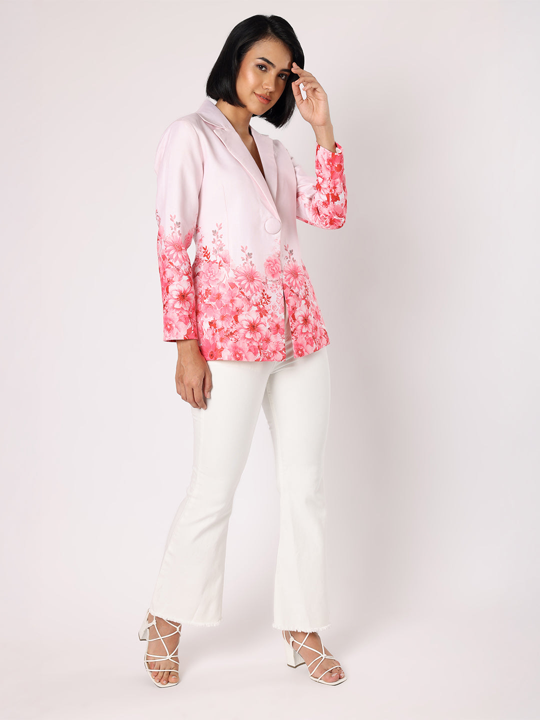 Blanc9  Women Pink Blazer With Floral Border 