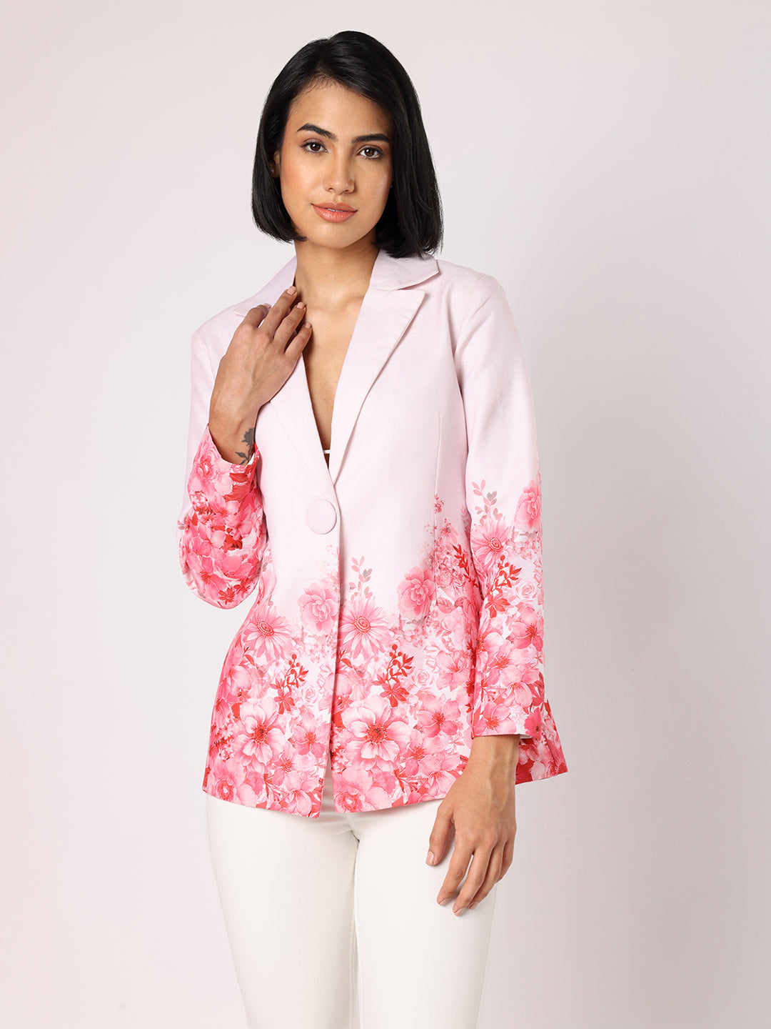 Blanc9  Women Pink Blazer With Floral Border 