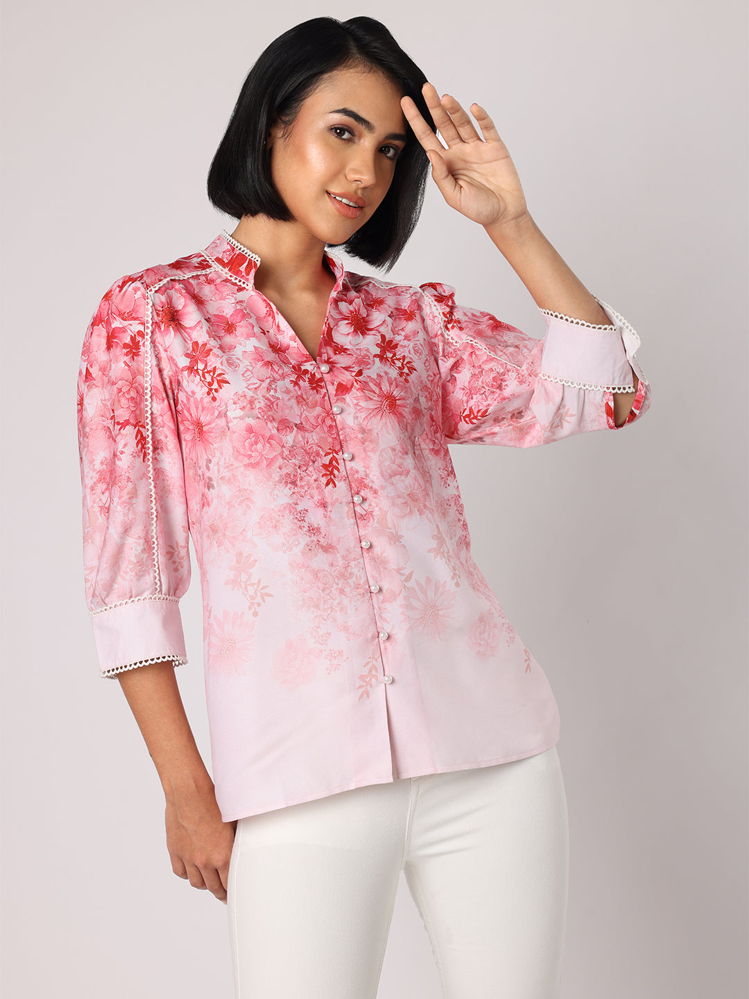 Blanc9 Women  Pink Floral Top With Lace Detail
