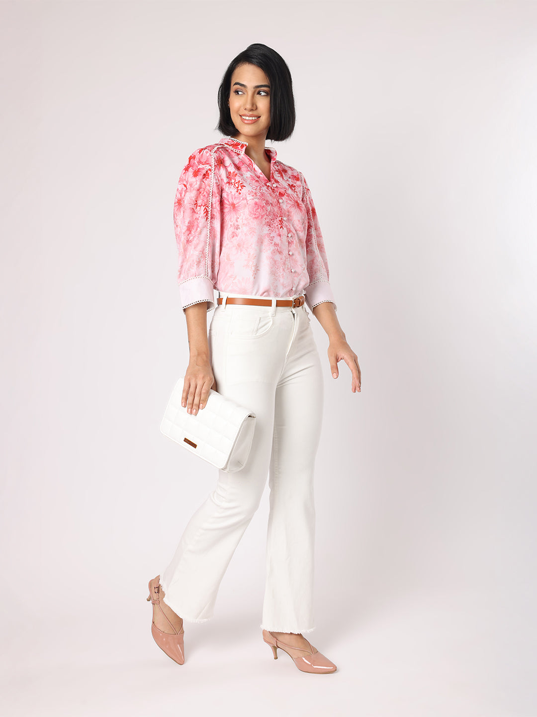 Blanc9 Women  Pink Floral Top With Lace Detail
