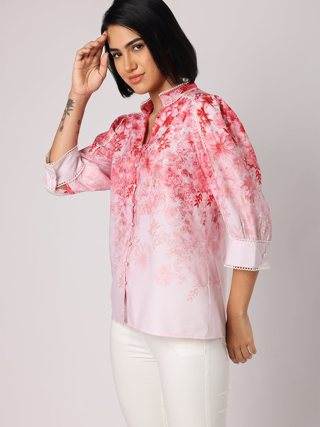 Blanc9 Women  Pink Floral Top With Lace Detail
