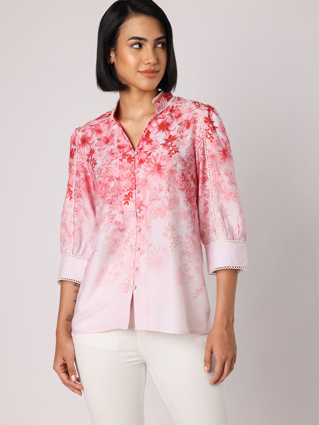 Blanc9 Women  Pink Floral Top With Lace Detail
