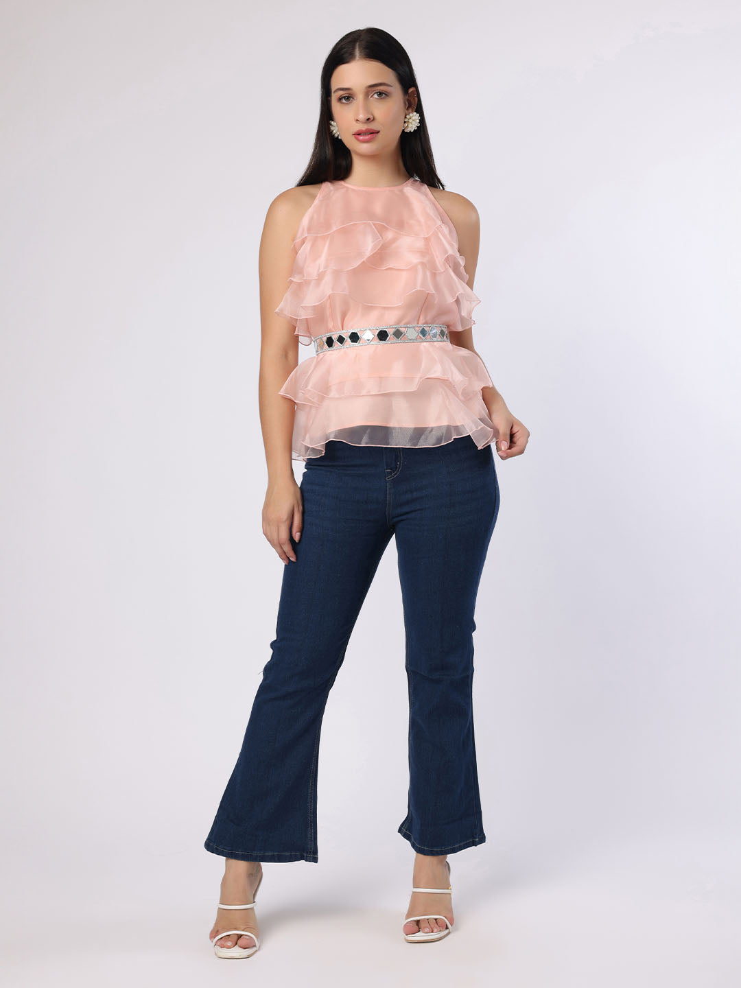 Blanc9 Women Pink Frill Top With Mirror Belt
