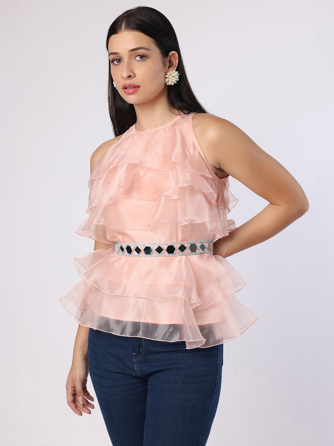 Blanc9 Women Pink Frill Top With Mirror Belt
