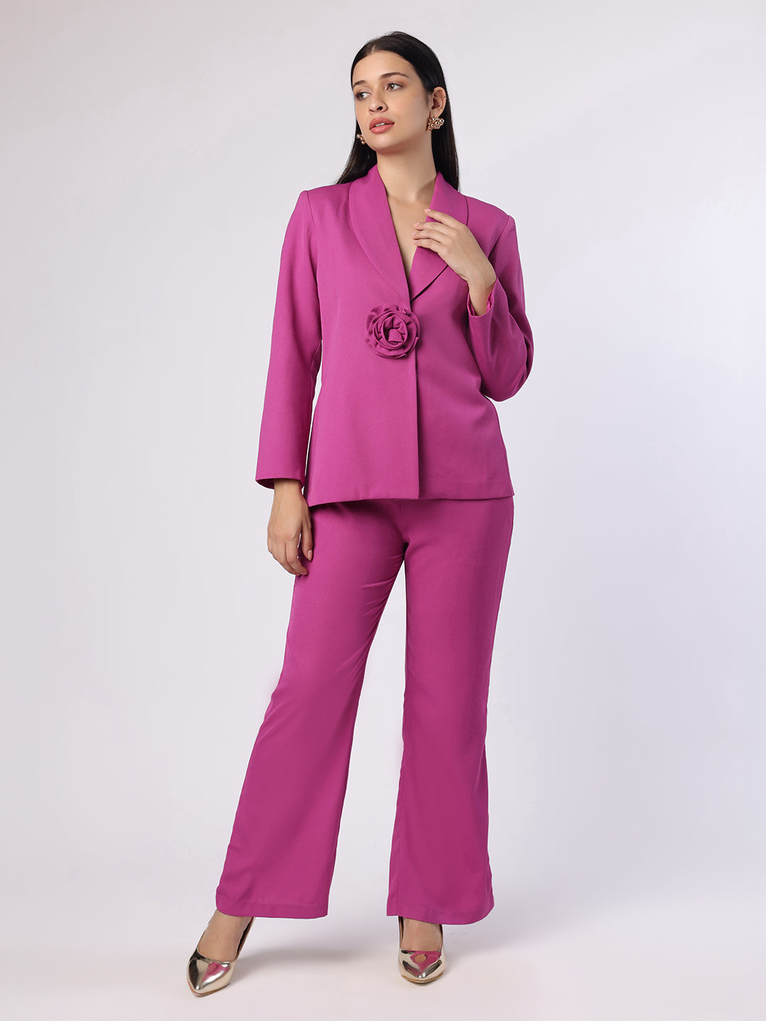 Blanc9 Women Purplish Pink Blazer Set With Flower Brooch
