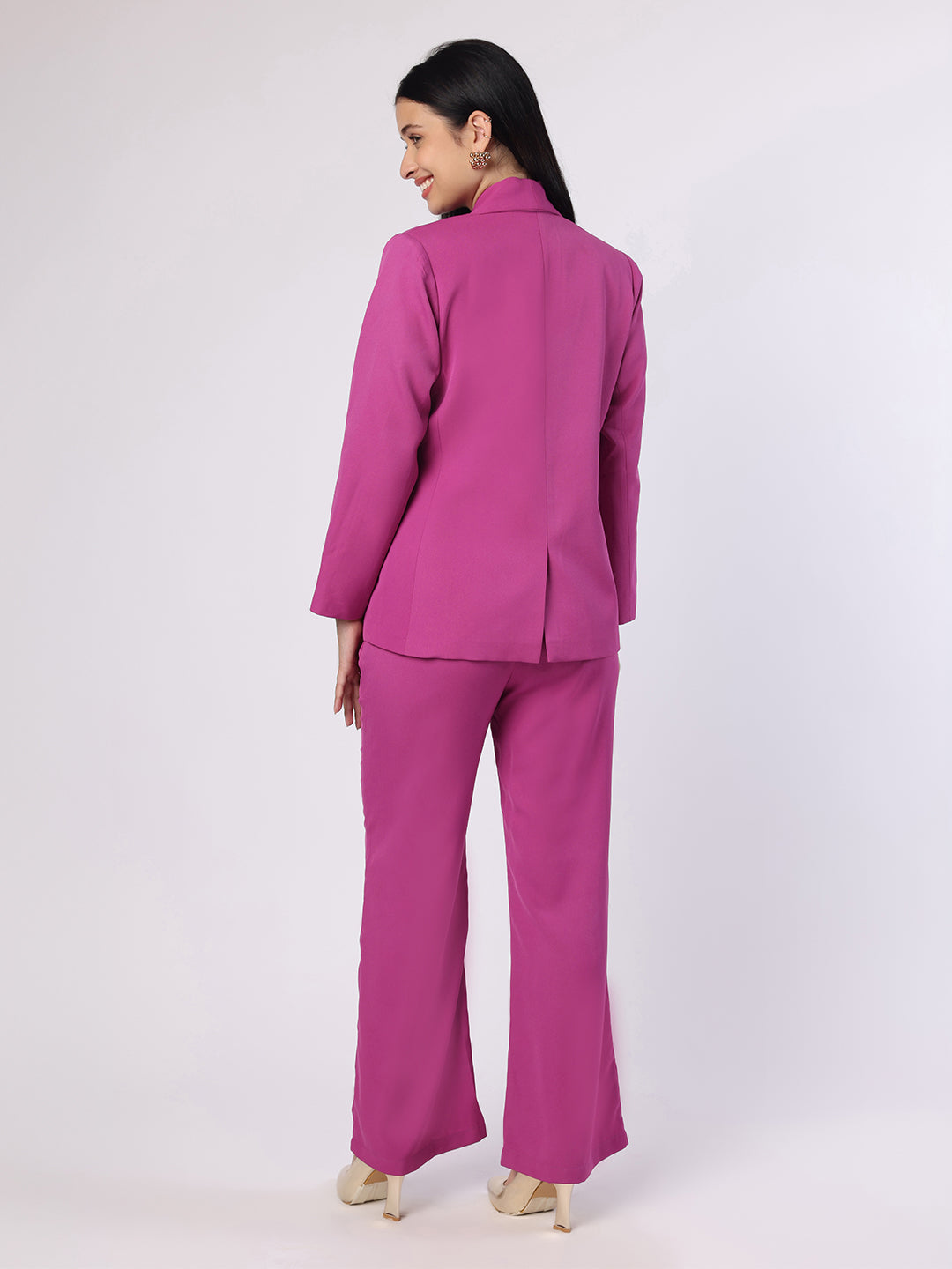 Blanc9 Women Purplish Pink Blazer Set With Flower Brooch
