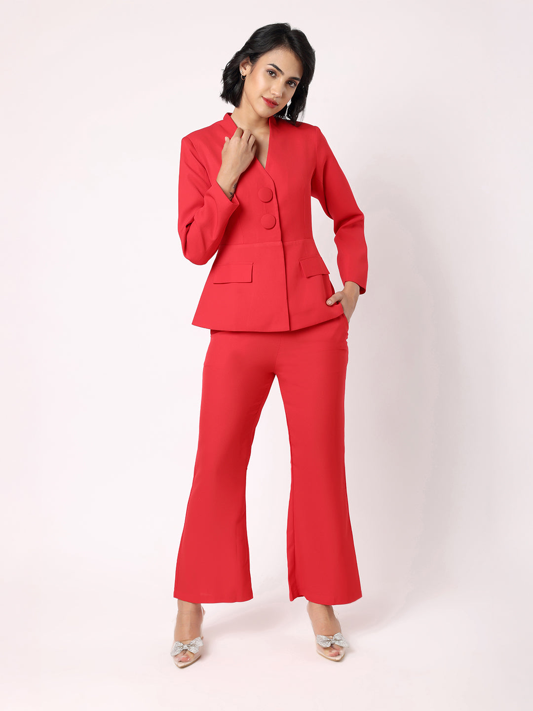 Blanc9 Women Red Peplum Blazer With Trousers
