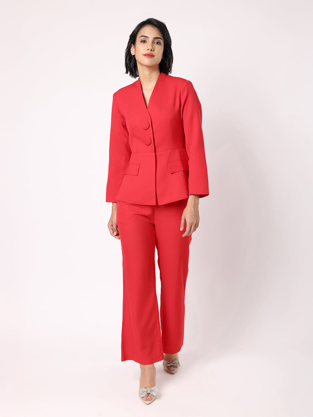 Blanc9 Women Red Peplum Blazer With Trousers
