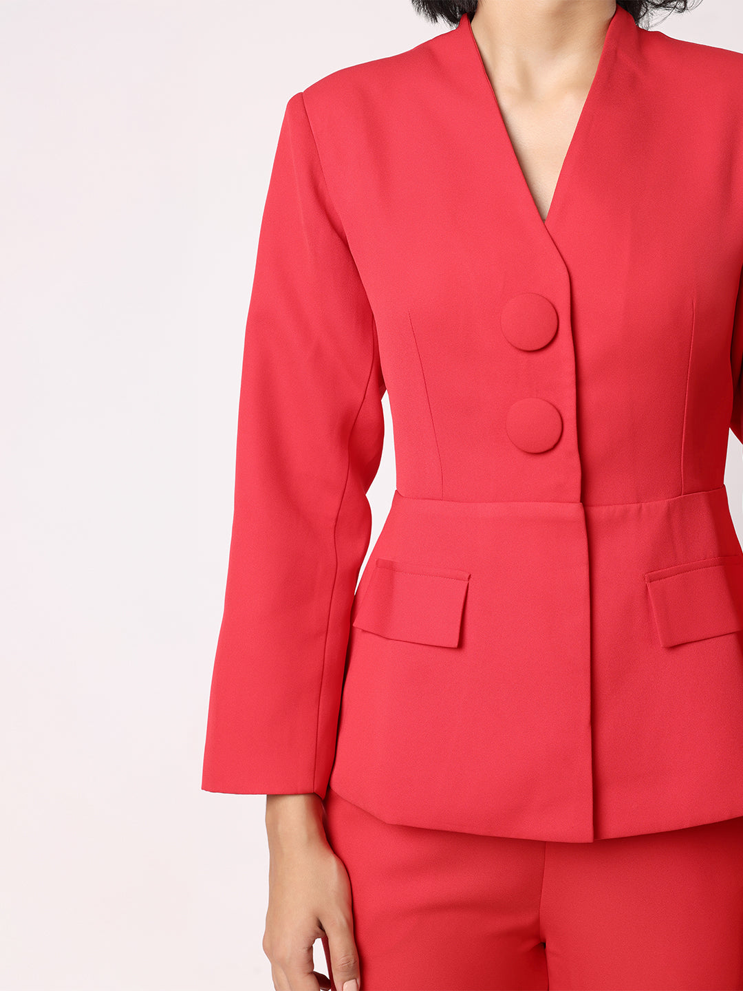 Blanc9 Women Red Peplum Blazer With Trousers
