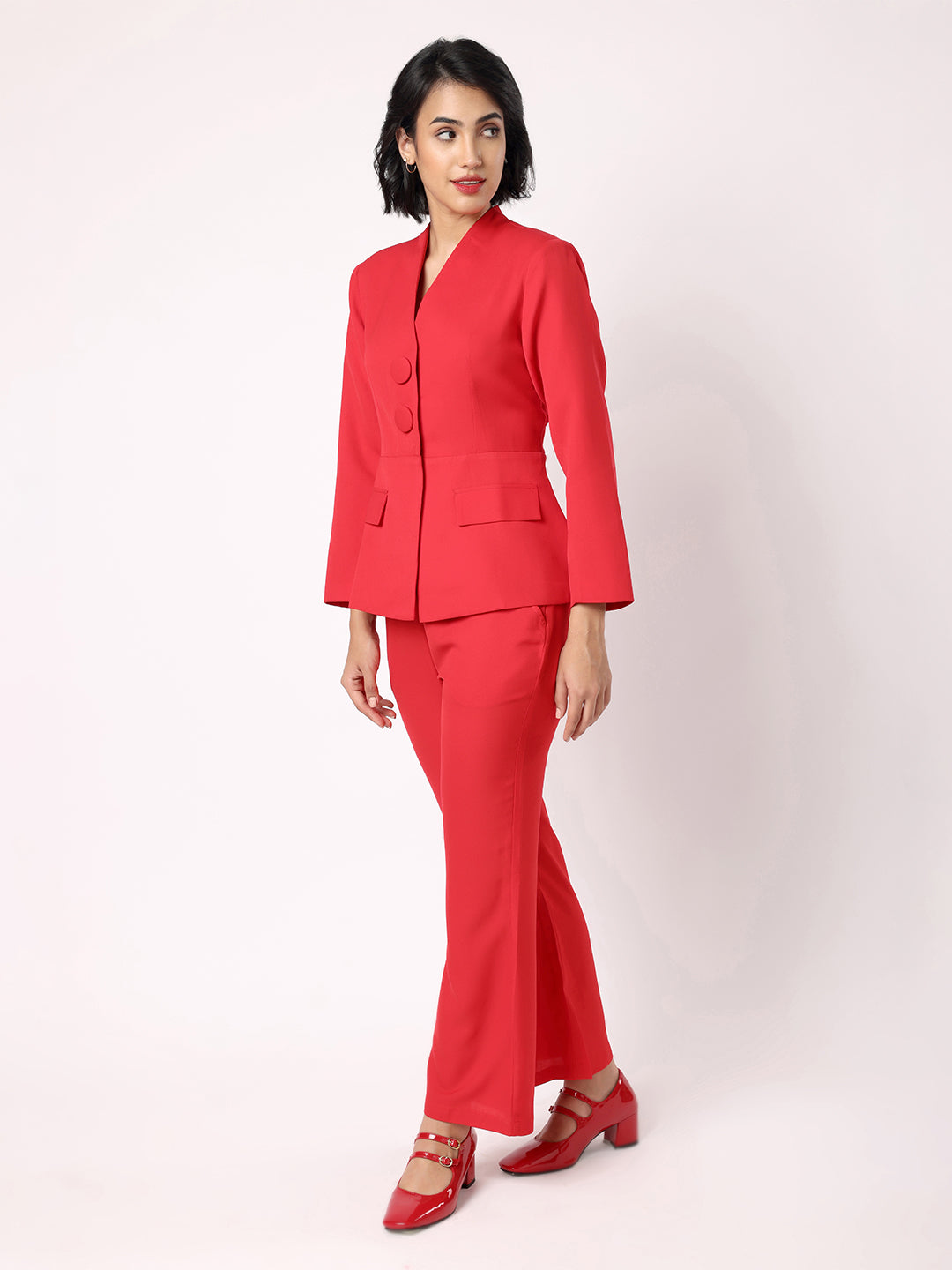 Blanc9 Women Red Peplum Blazer With Trousers
