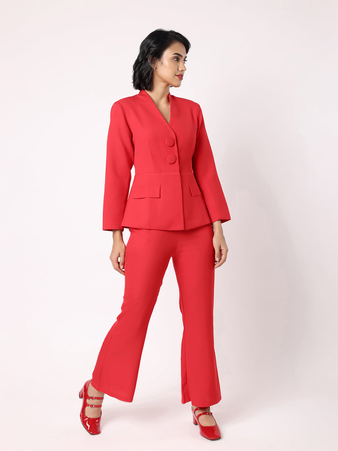 Blanc9 Women Red Peplum Blazer With Trousers
