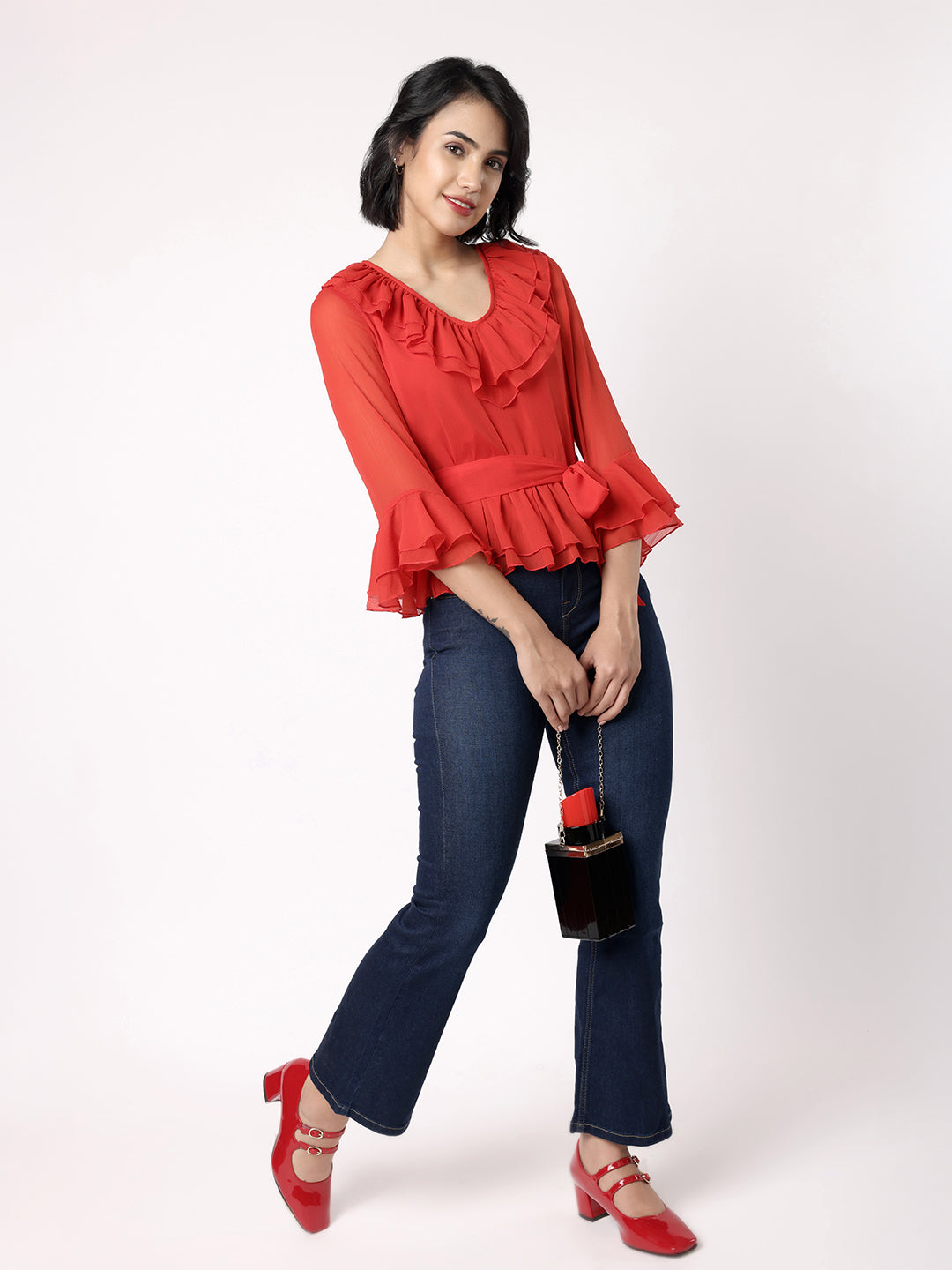 Blanc9 Women  Red Peplum Top With Frill At Neckline
