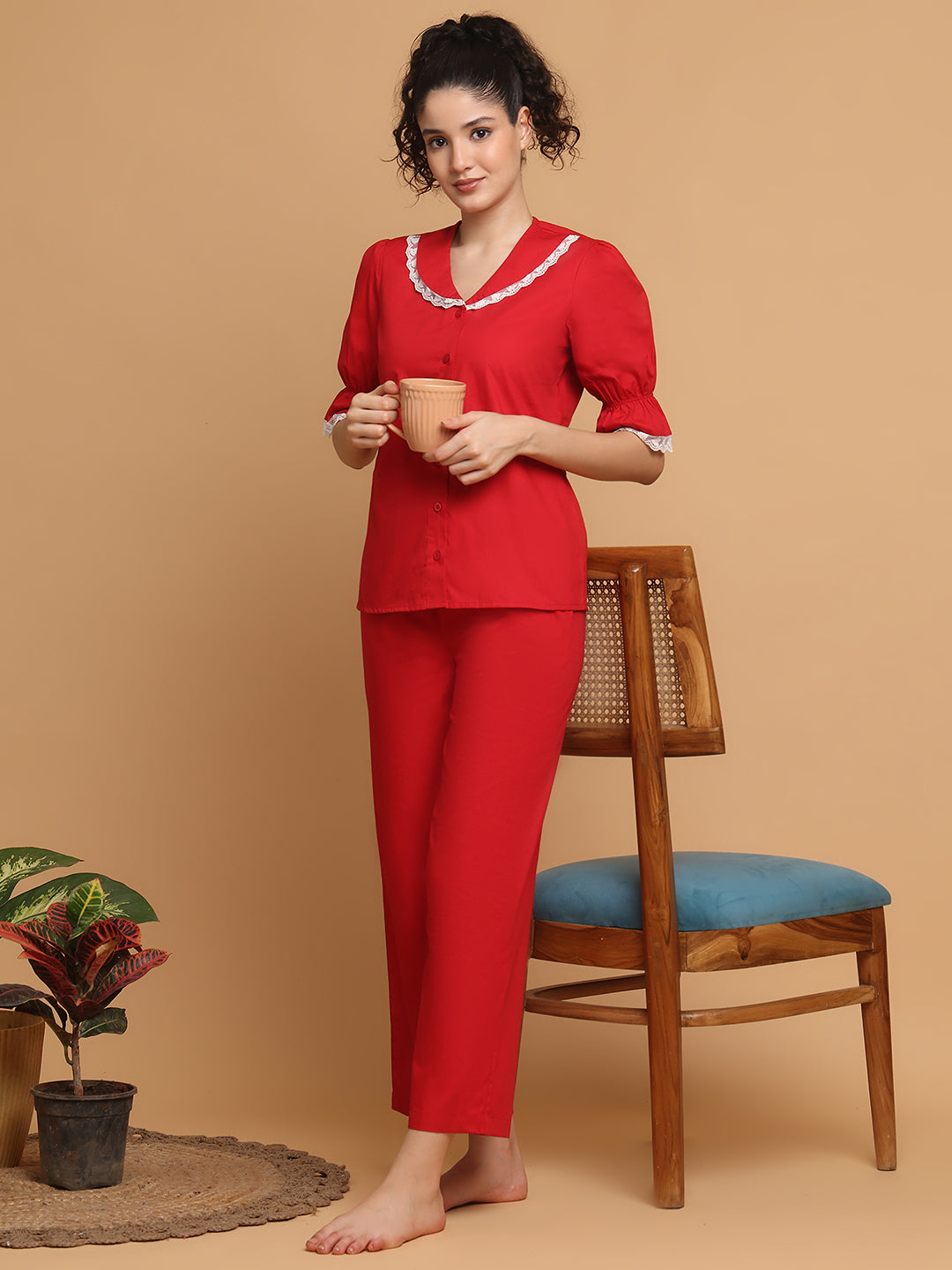 Red Pyjama Set With Lace At Collar
