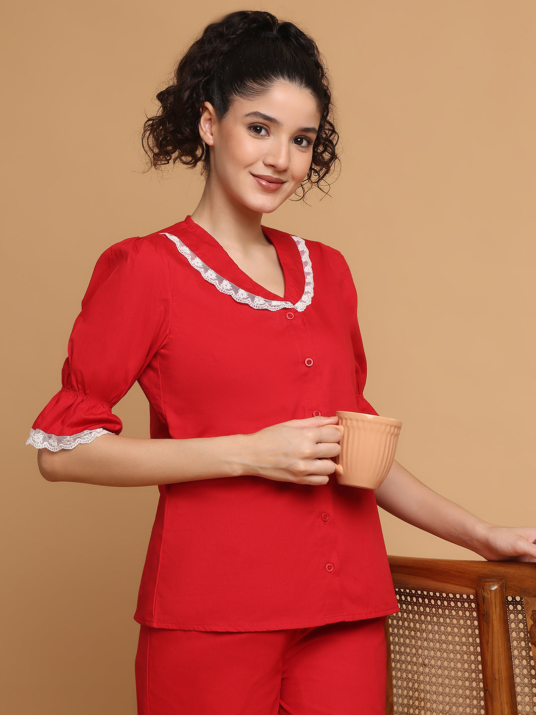 Red Pyjama Set With Lace At Collar