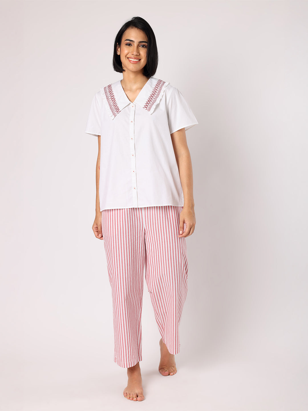 Blanc9 Women  Red & White Stripes Pyjama Set With Smocked Collar White Top
