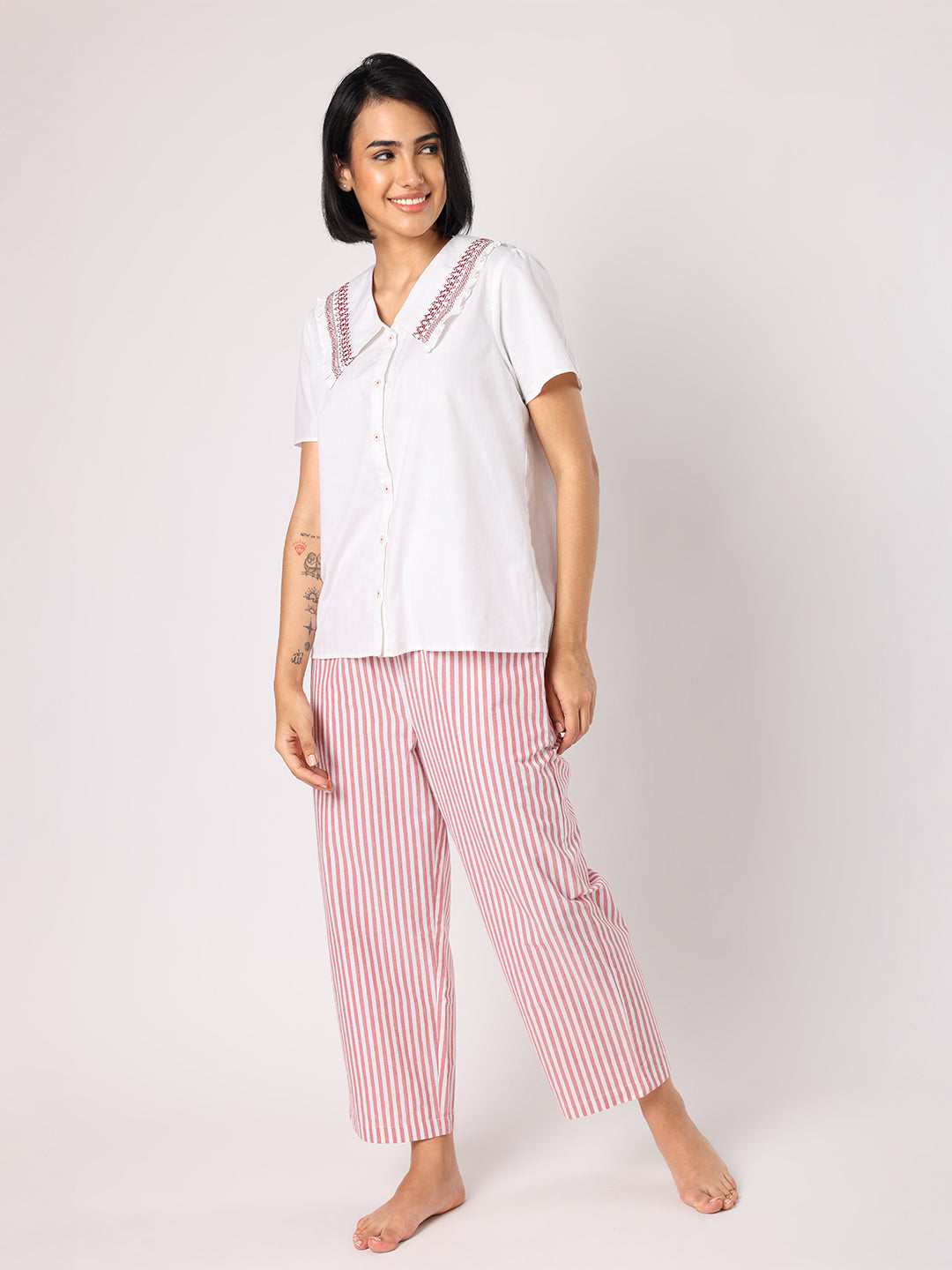 Blanc9 Women  Red & White Stripes Pyjama Set With Smocked Collar White Top
