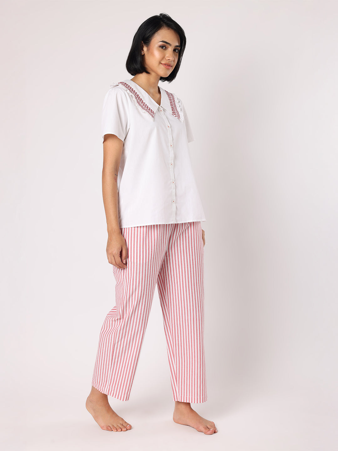 Blanc9 Women  Red & White Stripes Pyjama Set With Smocked Collar White Top
