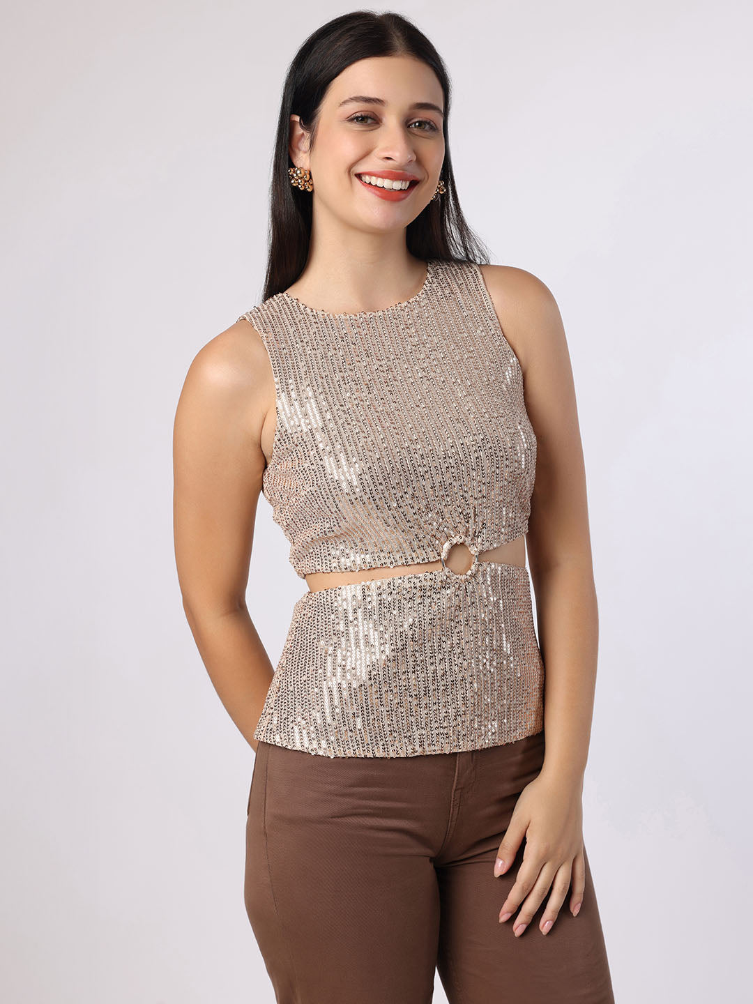 Blanc9 Women Rose Gold Sequinned Cut-Out Top
