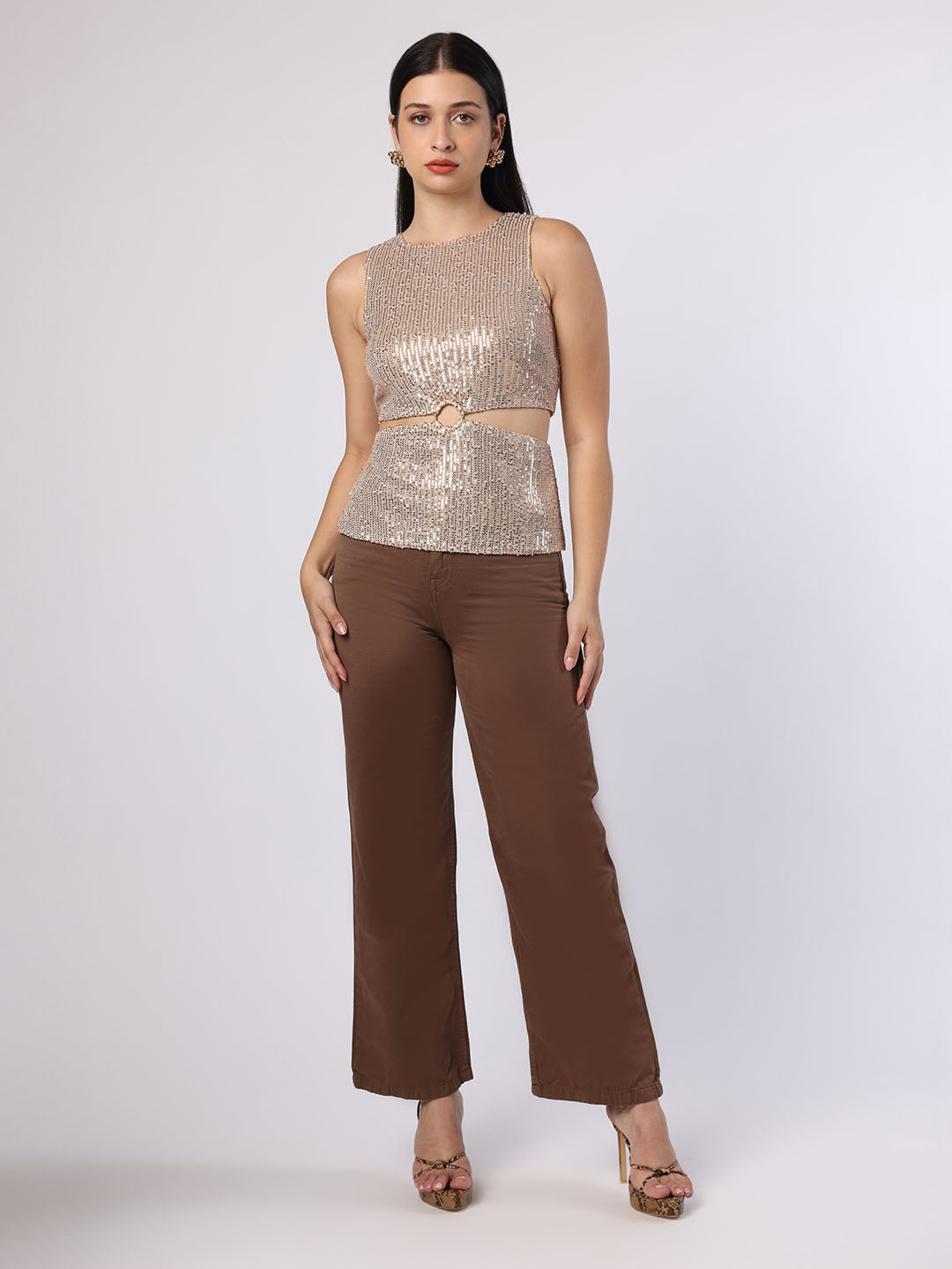 Blanc9 Women Rose Gold Sequinned Cut-Out Top
