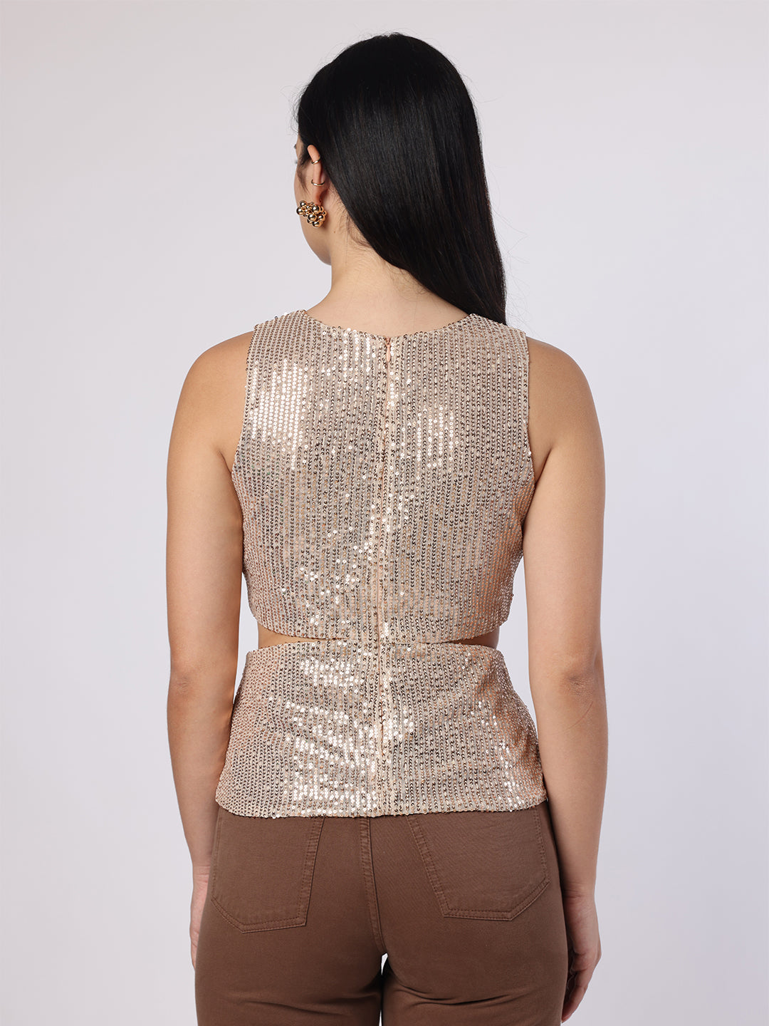 Blanc9 Women Rose Gold Sequinned Cut-Out Top
