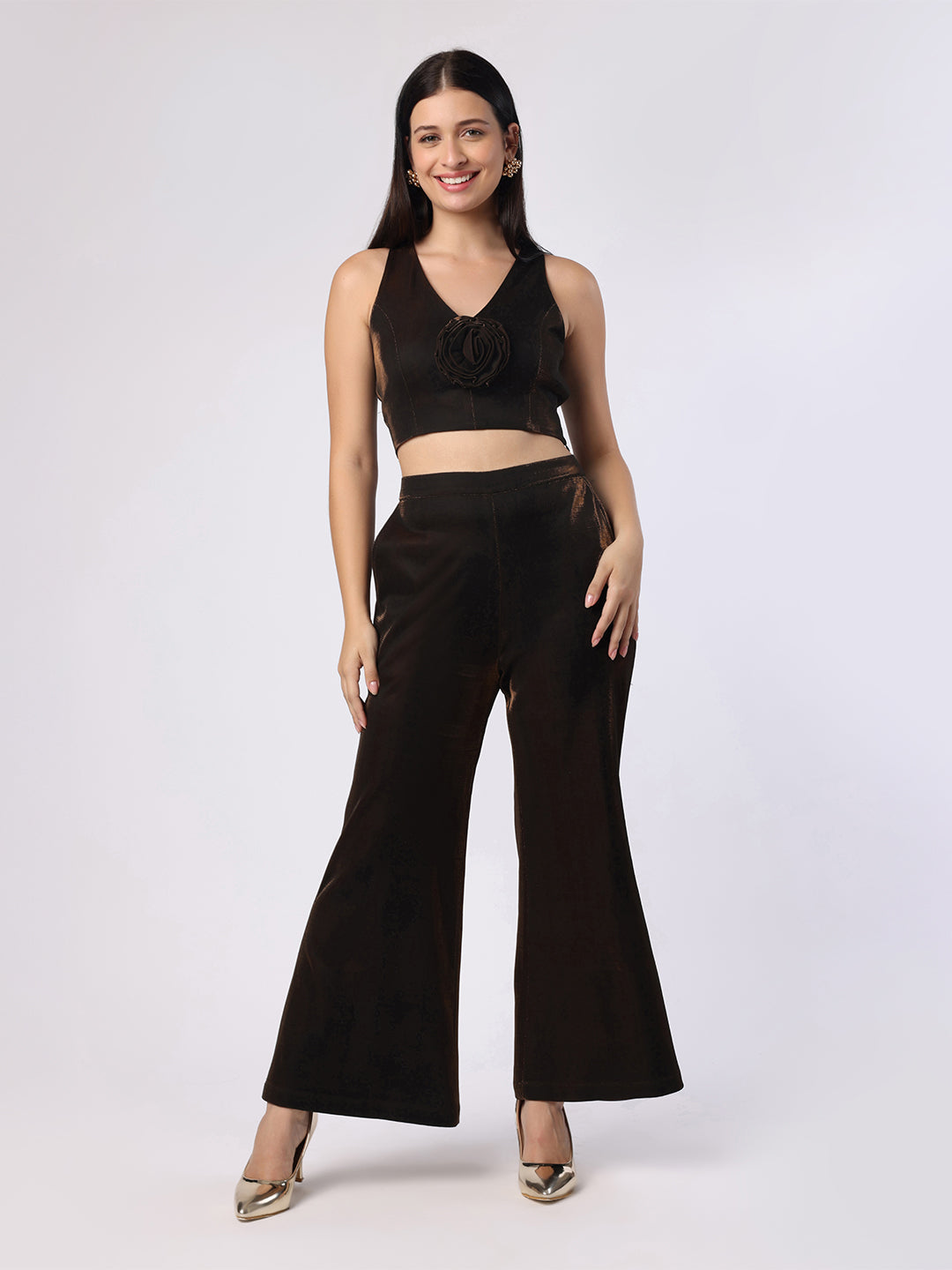 Blanc9 Women Shimmery Brown Rose Crop Top With Trouser
