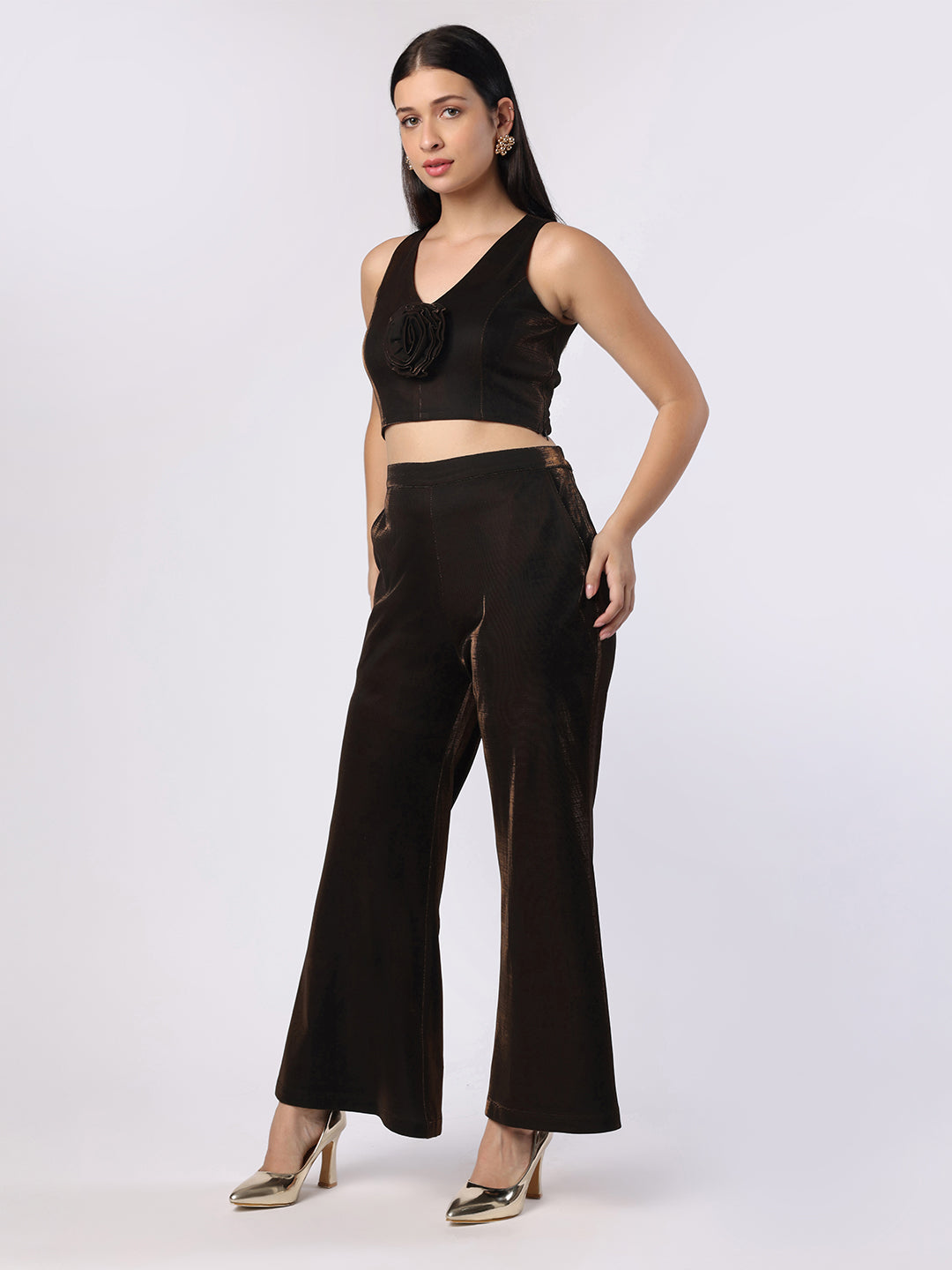 Blanc9 Women Shimmery Brown Rose Crop Top With Trouser
