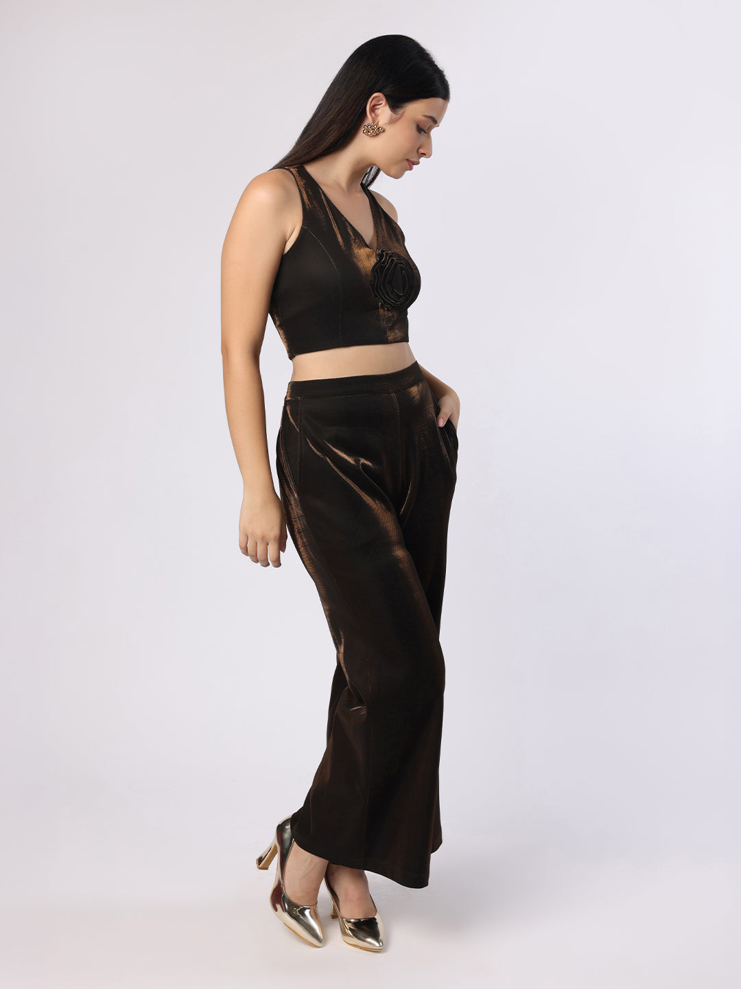 Blanc9 Women Shimmery Brown Rose Crop Top With Trouser
