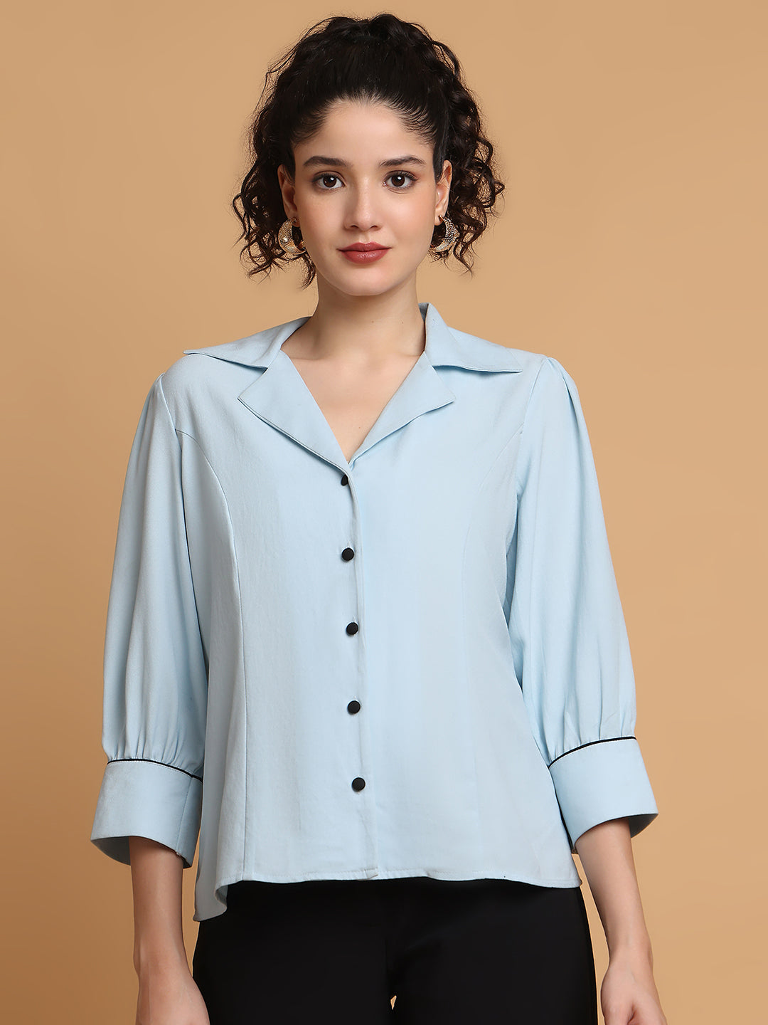 Blanc9 Women Sky Blue Shirt With Contrast Piping At Sleeves
