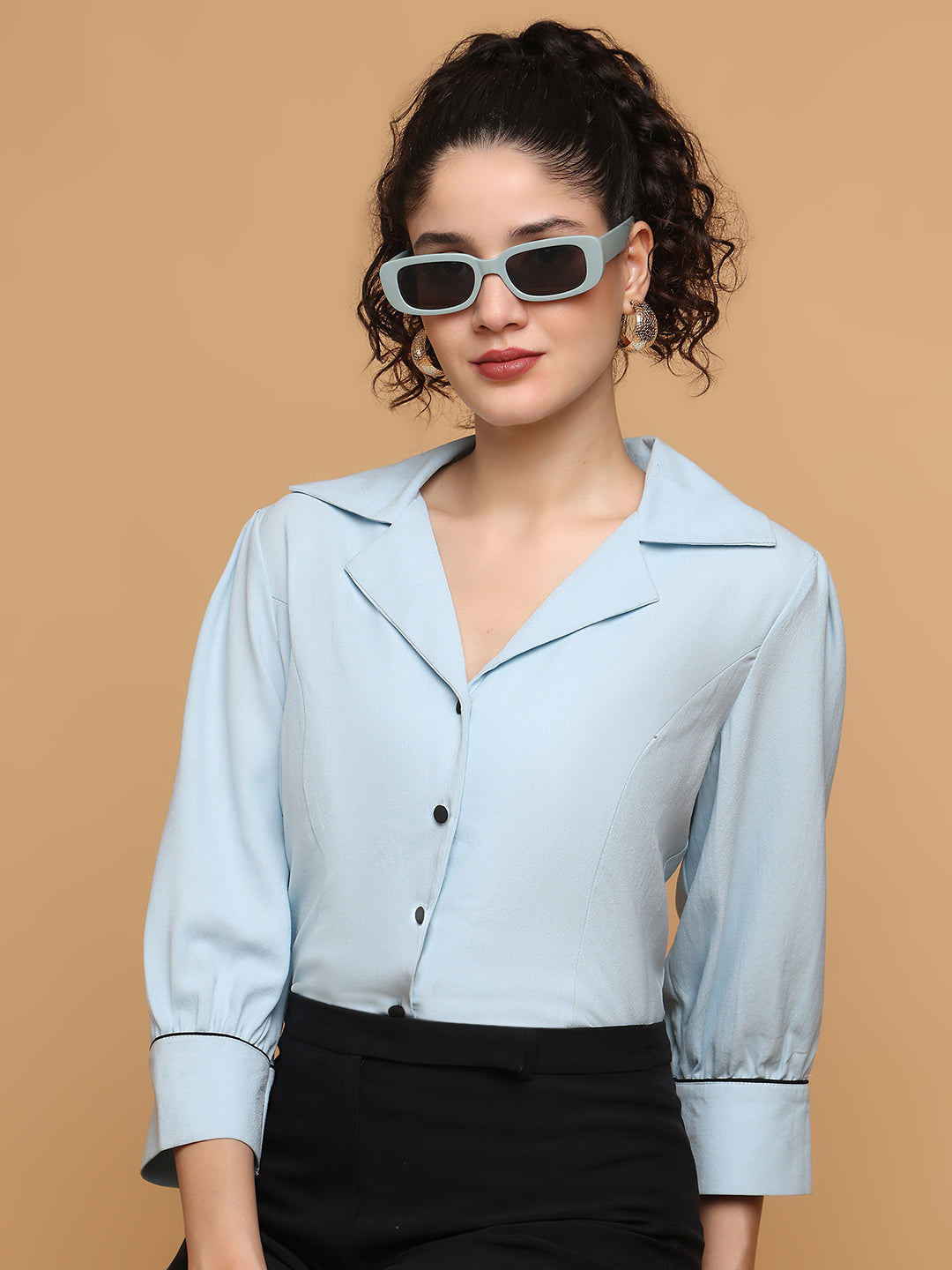 Blanc9 Women Sky Blue Shirt With Contrast Piping At Sleeves
