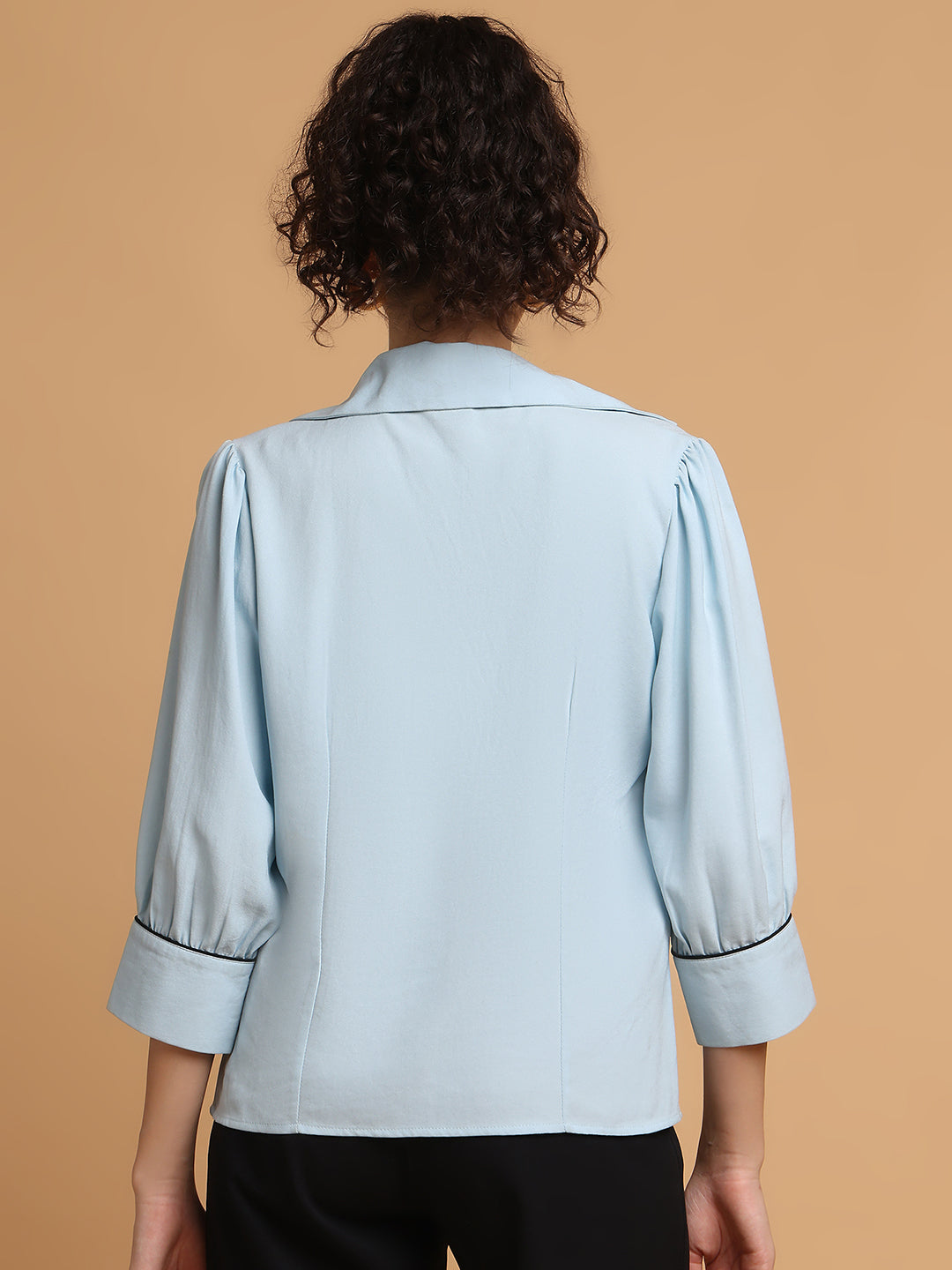 Blanc9 Women Sky Blue Shirt With Contrast Piping At Sleeves
