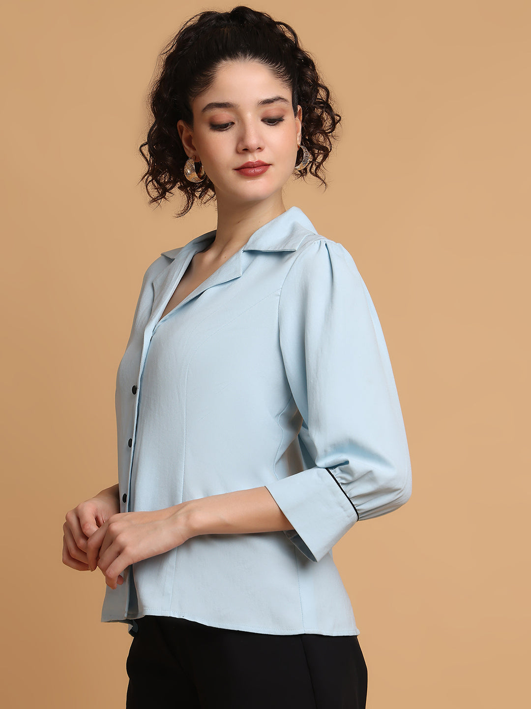 Blanc9 Women Sky Blue Shirt With Contrast Piping At Sleeves
