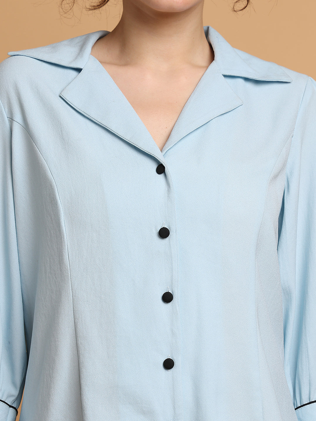 Blanc9 Women Sky Blue Shirt With Contrast Piping At Sleeves
