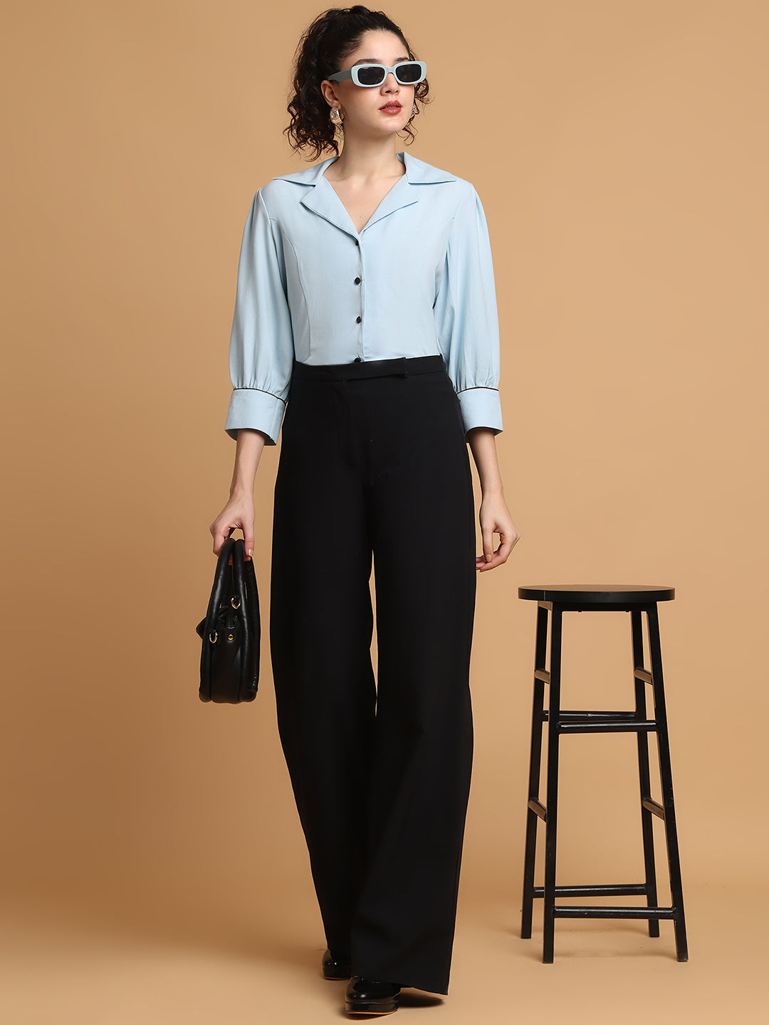 Blanc9 Women Sky Blue Shirt With Contrast Piping At Sleeves
