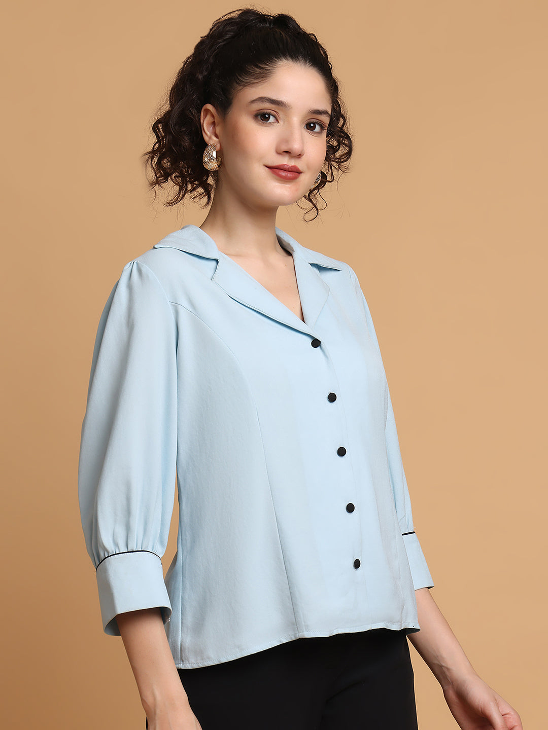 Blanc9 Women Sky Blue Shirt With Contrast Piping At Sleeves
