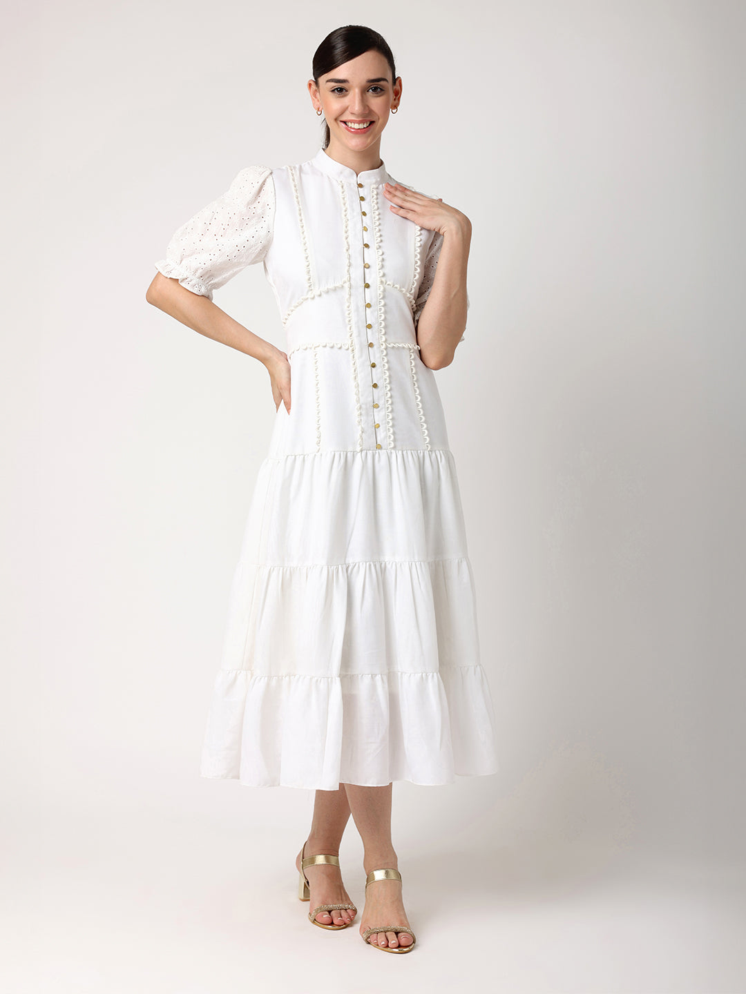 Blanc9 Women White Tiered Dress With Gold Button