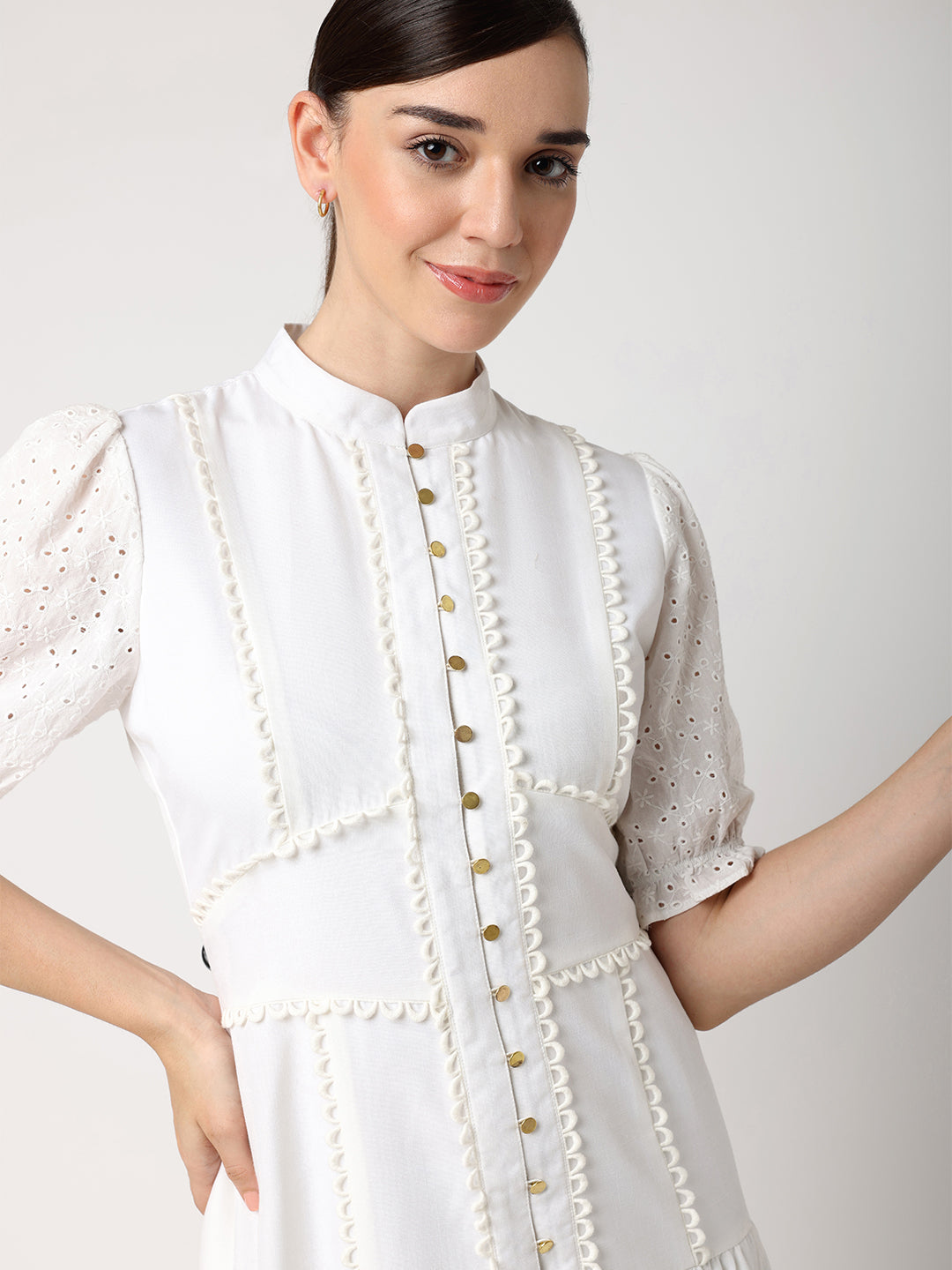 Blanc9 Women White Tiered Dress With Gold Button