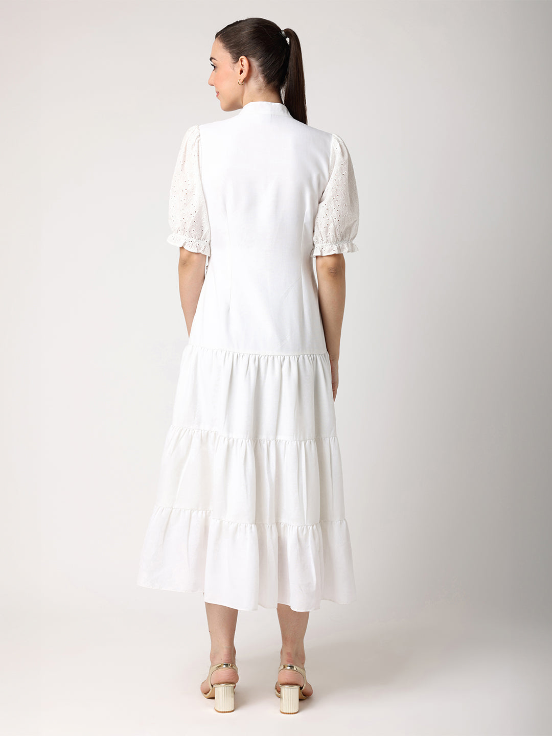 Blanc9 Women White Tiered Dress With Gold Button