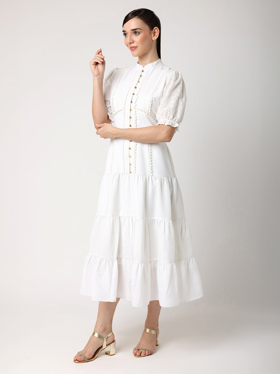 Blanc9 Women White Tiered Dress With Gold Button